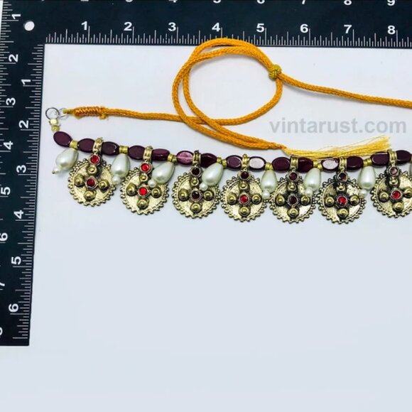 Pearls and Beads Jewelry Set, Handmade Coins Jewelry Set With Glass Stones, - Picture 6 of 9